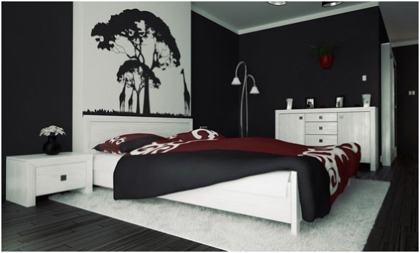 Đây là thiết kế phòng ngủ với tông đỏ – đen – trắng nổi bật giữa một góc nhà.