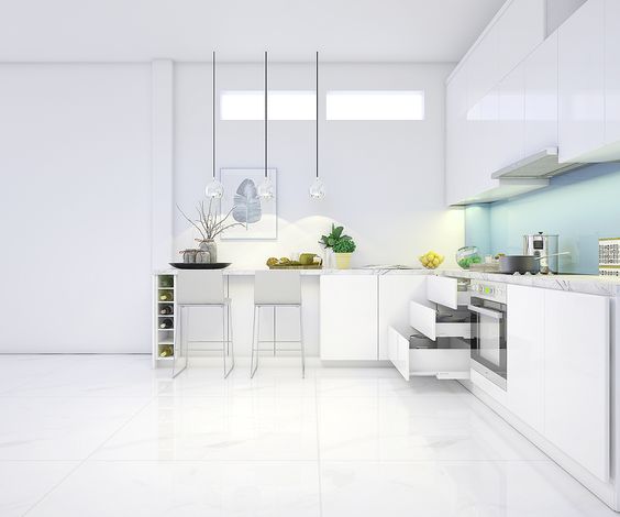Không gian bếp với tông màu trắng