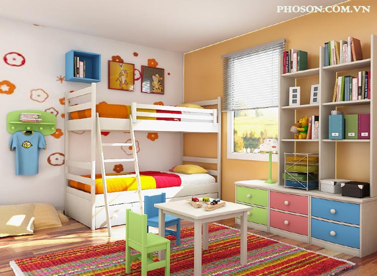 Kết hợp 2 tông mầu một cách hợp lý cùng với nội thất nhiều mầu sắc sẽ tạo nên 1 không gian sinh động cho trẻ